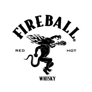 Logo for Fireball Whisky featuring a black fire-breathing dragon with a flaming mane, the word 'FIREBALL' in bold black letters, and the text 'RED', 'HOT', and 'WHISKY' around it.