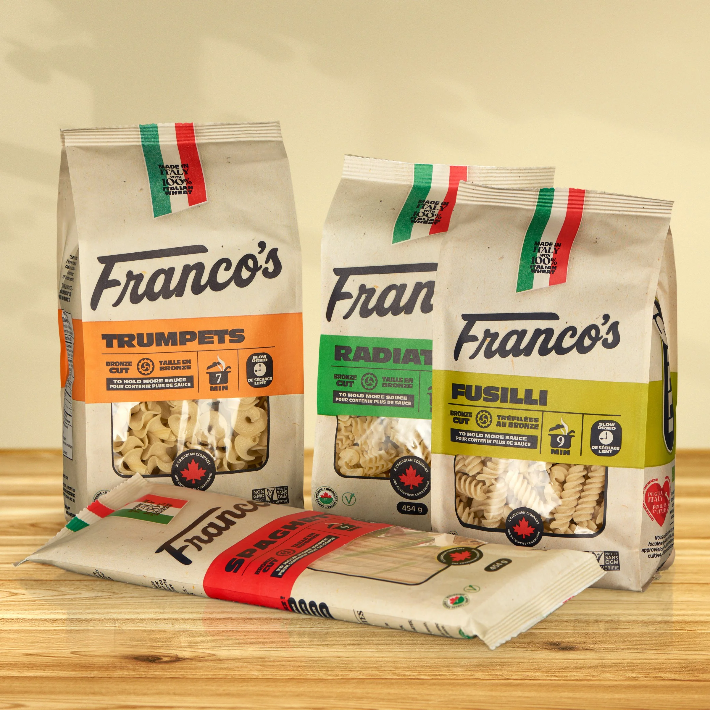 Franco's pasta bags, Trumpets, Radiatori and Fusilli varieties