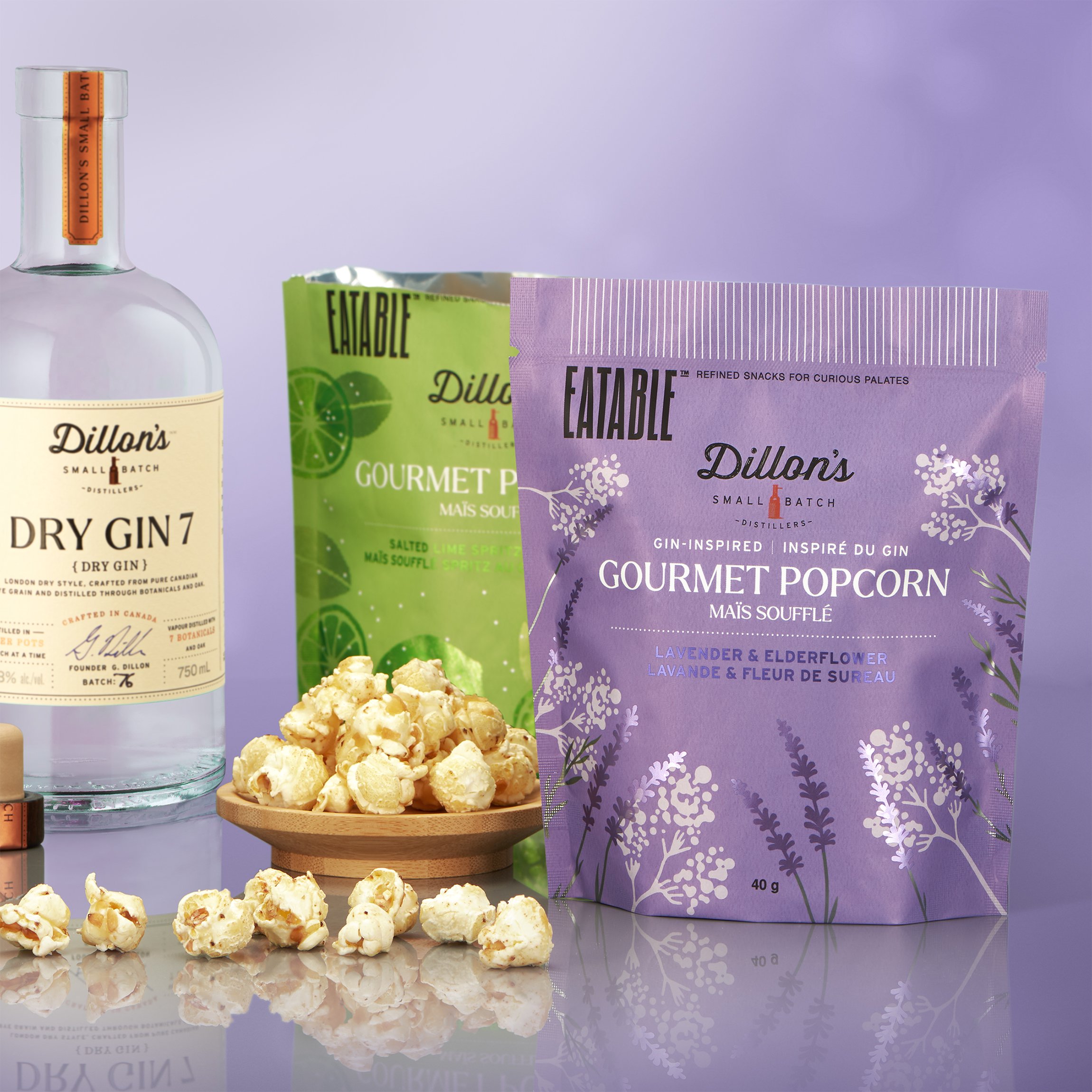 Dillon's Dry Gin 7 bottle with Eatable gourmet popcorn bags
