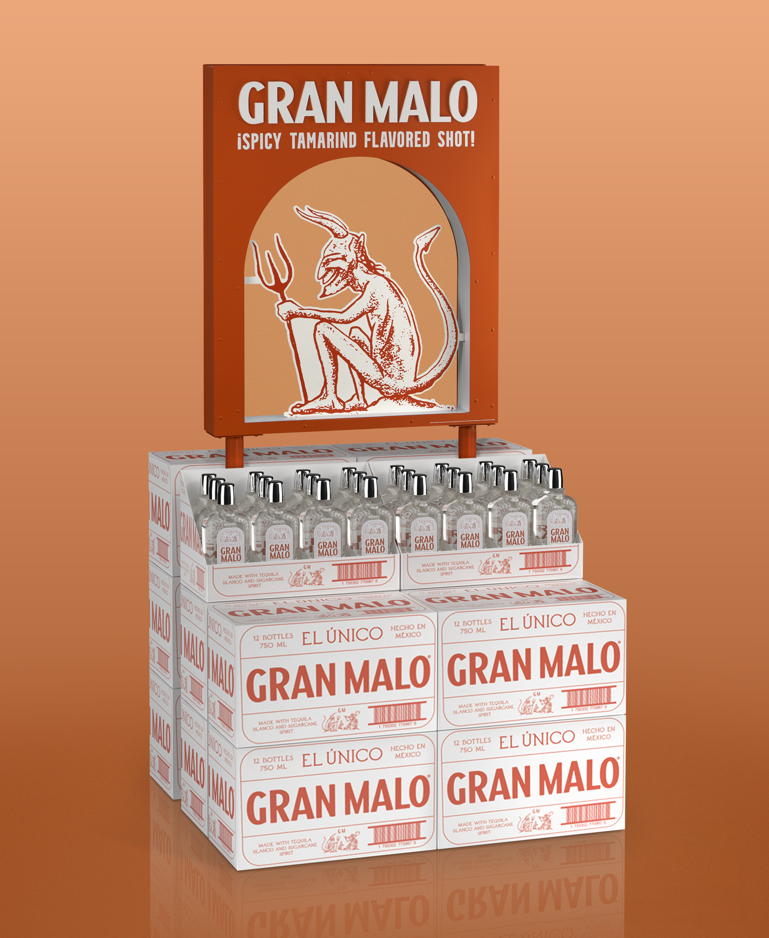 Box of 12 bottles of Gran Malo tequila in a cardboard case with red and white labeling, featuring a cloven-hoofed devil figure holding a pitchfork, against a warm, orange background.