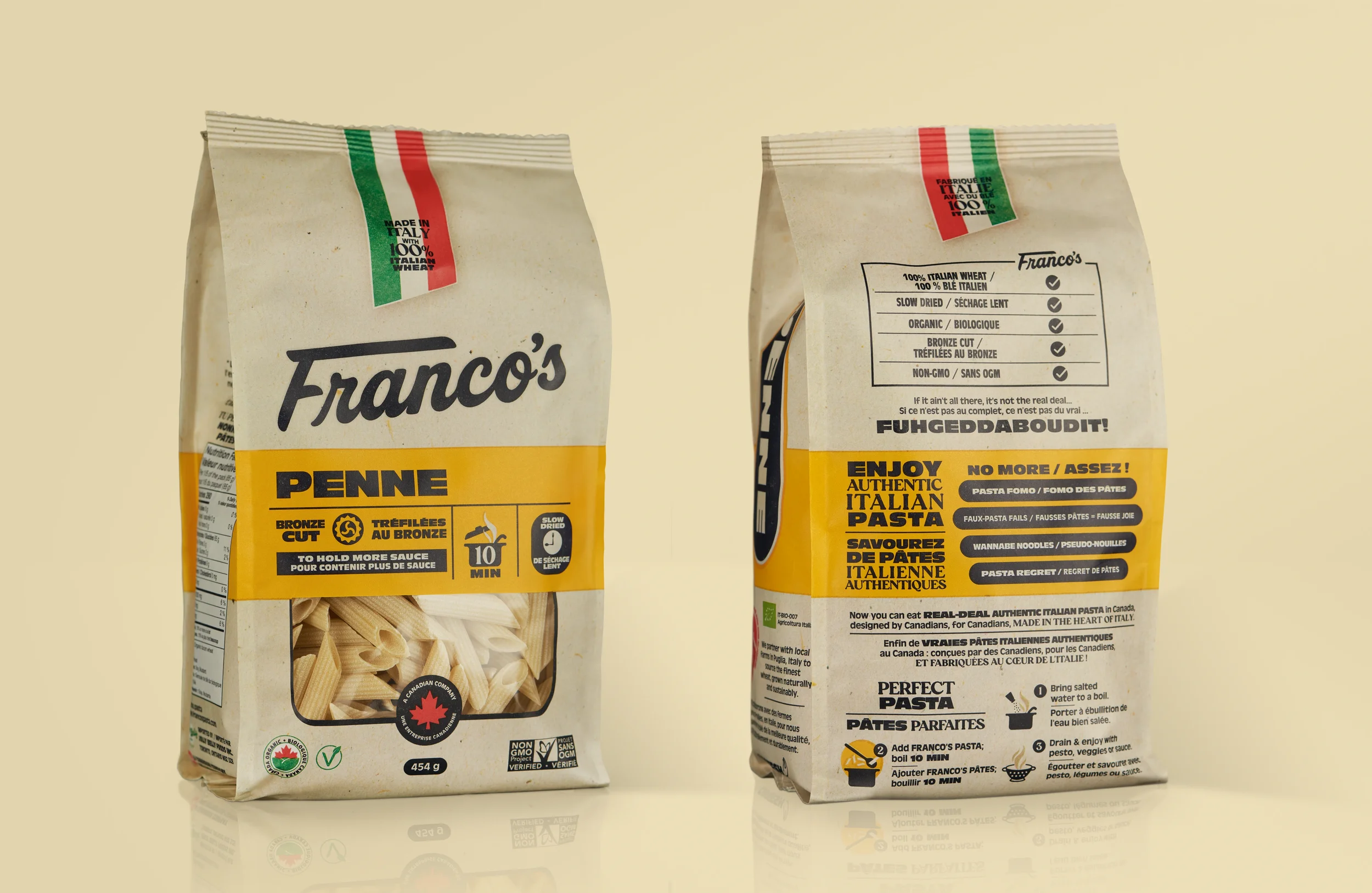 Front and back of the Franco's Pasta Penne bag, showing the branding on front and the full product callouts on back