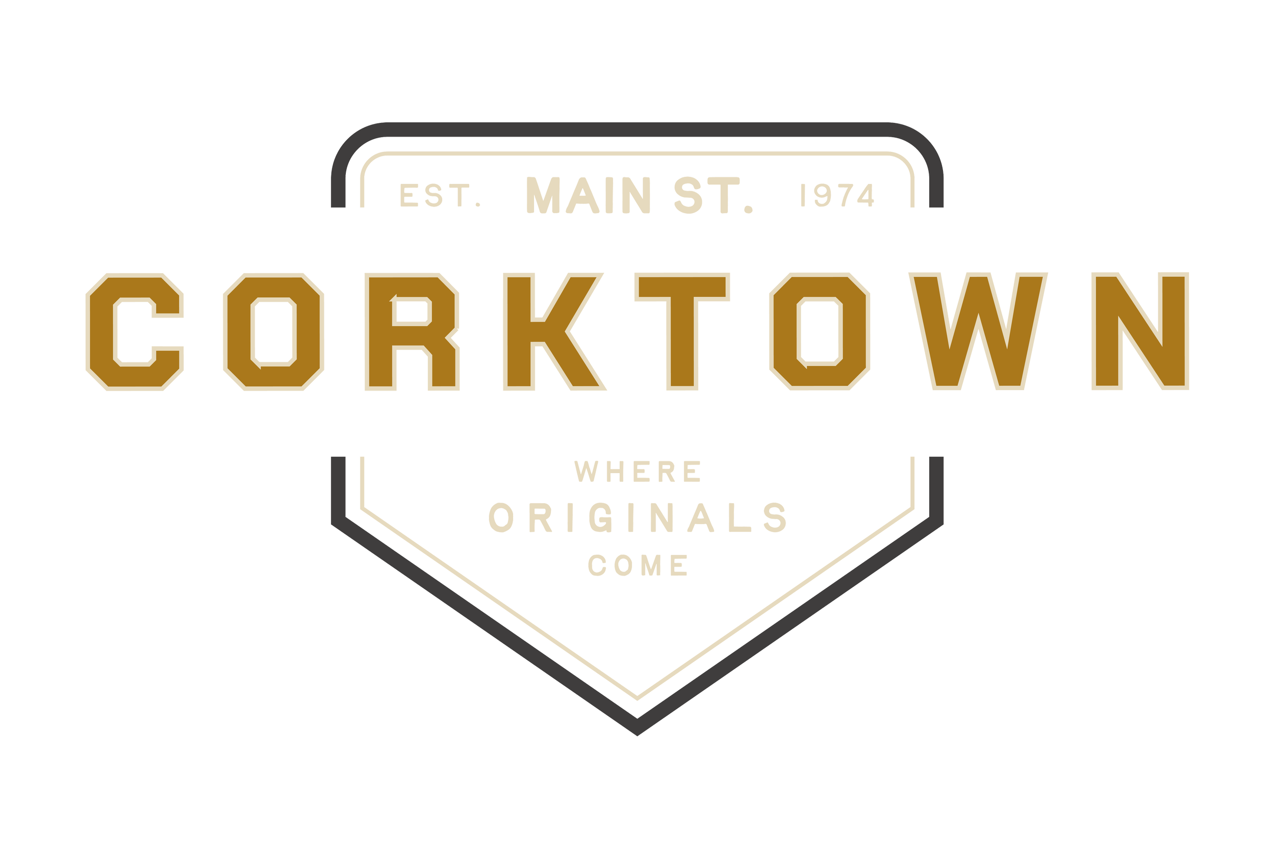 Logo with the text 'Corktown' in bold, gold-colored letters, and above it a sign that reads 'Est. Main St. 1974' with an outline.