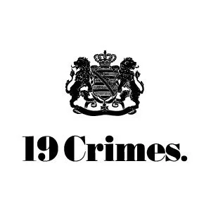 Black and white coat of arms featuring a lion and a unicorn holding a shield, with a crown on top, and the text '19 Crimes' below.