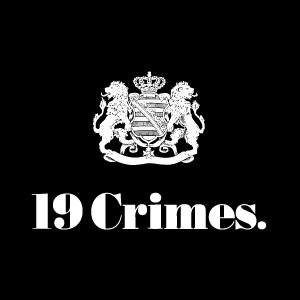 A logo with a coat of arms featuring two lions holding a shield, topped with a crown, on a black background. Below, the text reads '19 Crimes' in bold white letters.