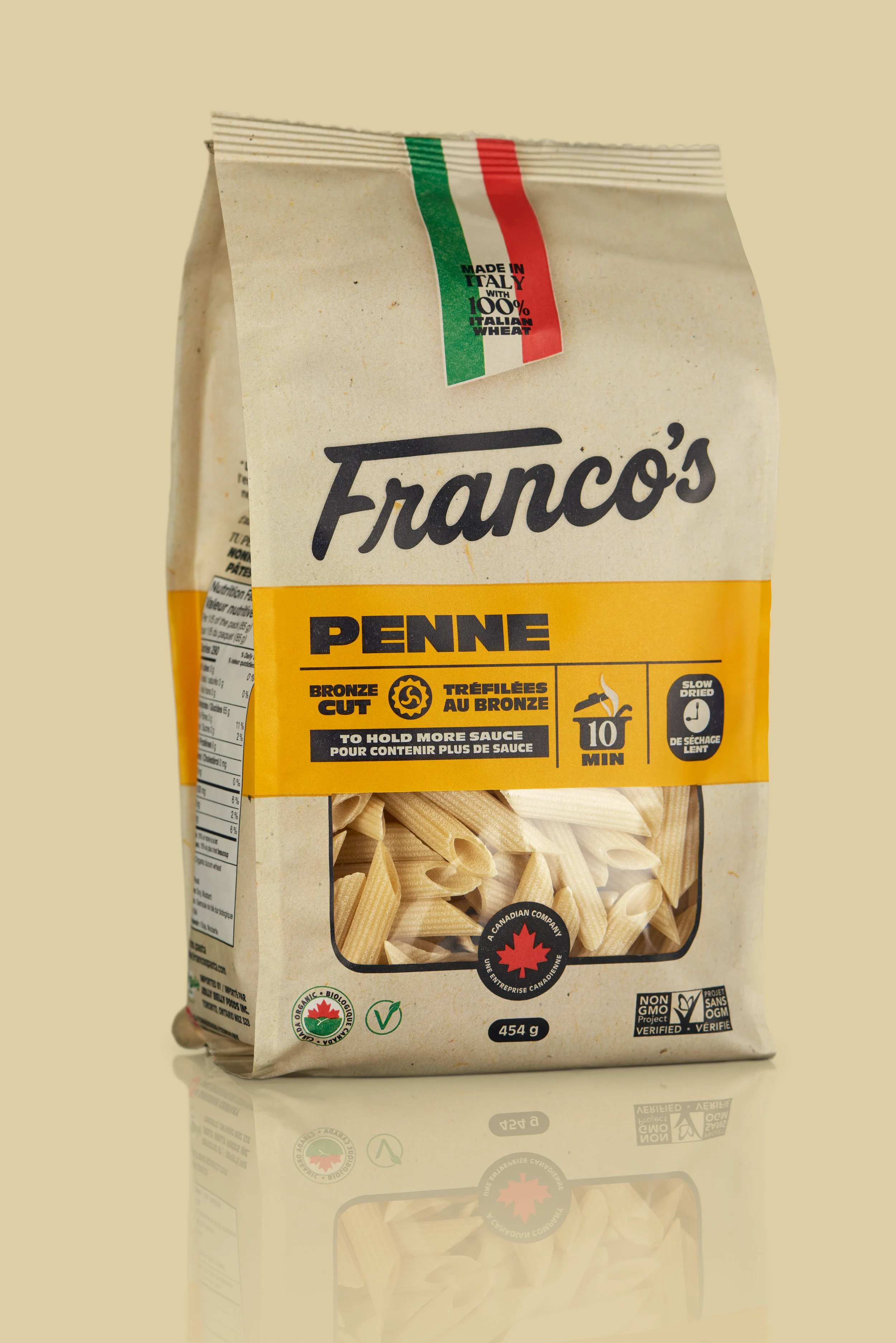 Franco's Pasta Penne package front, showing the bronze-cut, slow-dried and Canadian-made callouts
