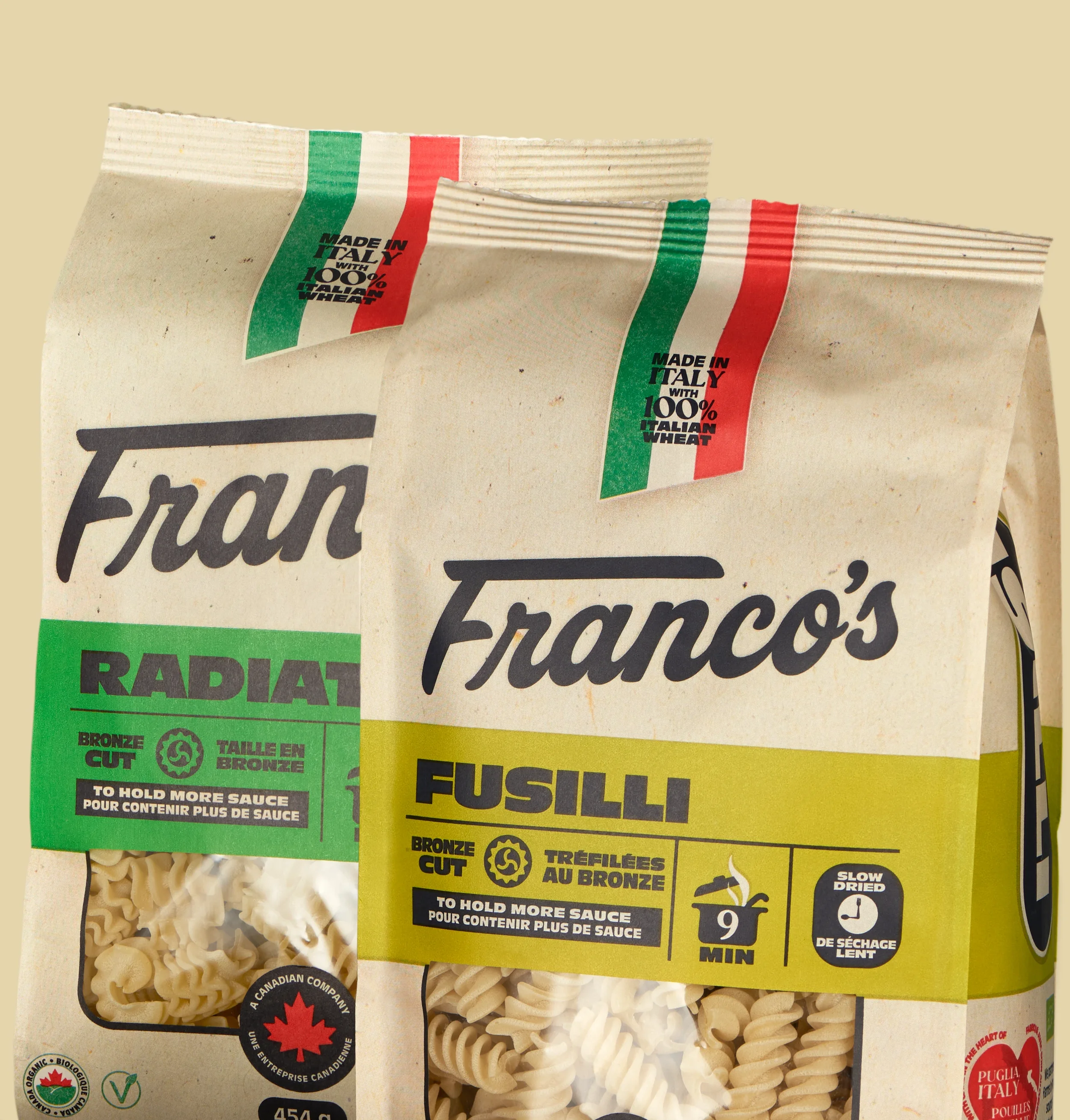 Close-up of the Franco's Pasta bag showing the Canadian-made certification badge and pasta window