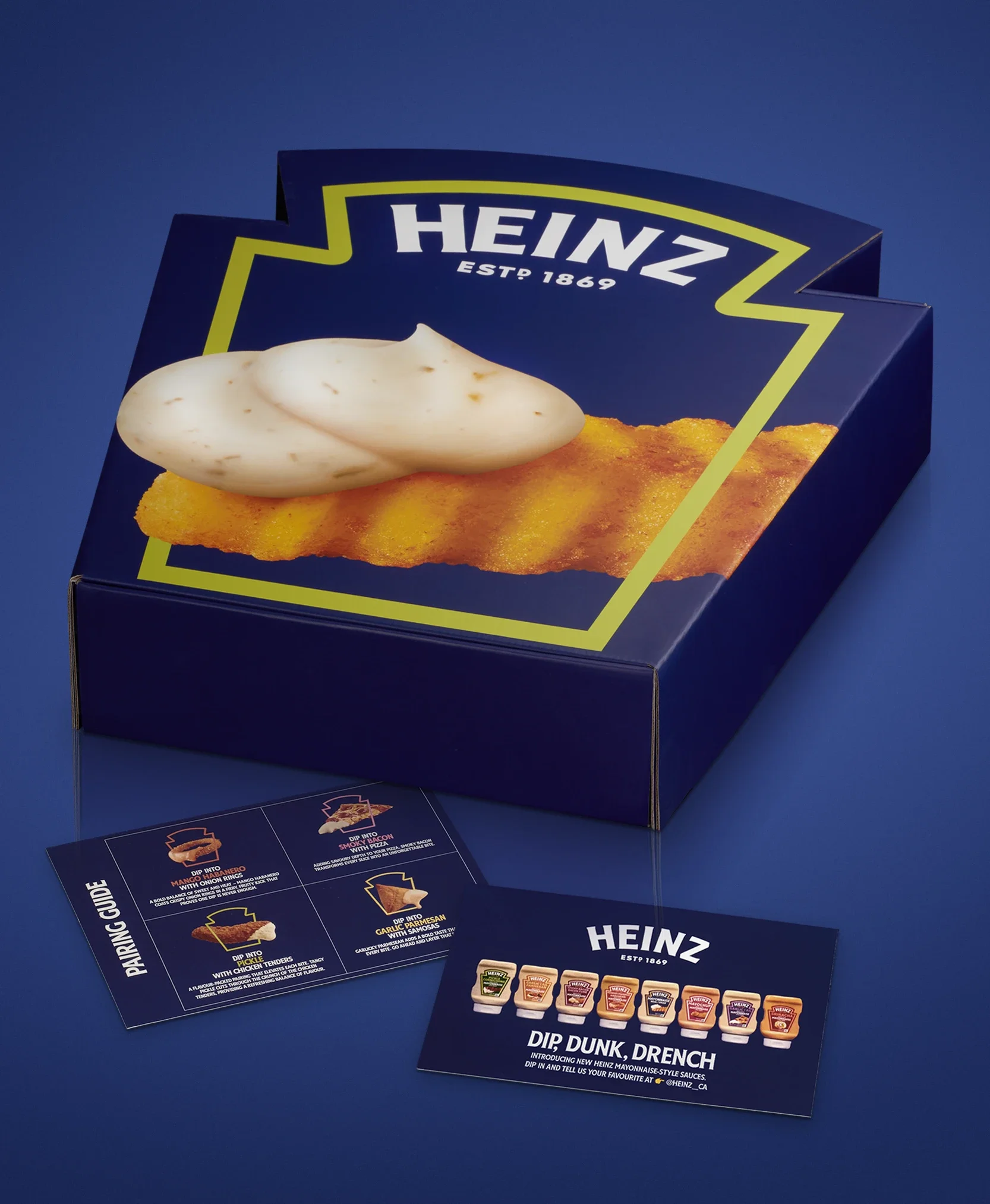 Heinz mayonnaise product box with images of different mayonnaise bottles, a dipping guide, and a sample dip with fries on a blue background.