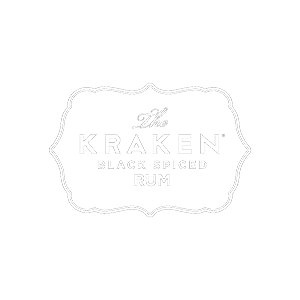 Label for Kraken Black Spiced Rum with a decorative border and white text on a black background.