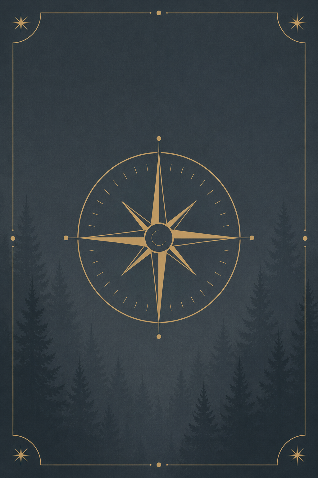 A large gold compass rose with seven points on a dark background with silhouettes of pine trees and a decorative border with star motifs.