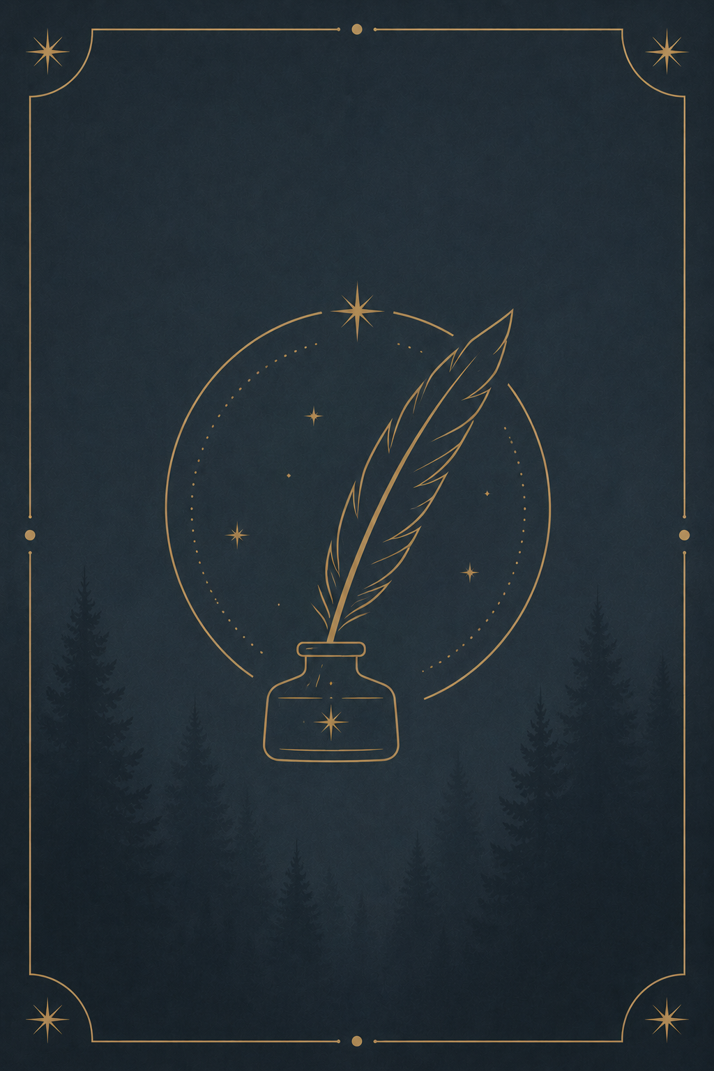 Illustration of a quill pen and inkwell with a celestial background of stars and a circular starry pattern, framed with decorative gold lines and stars.