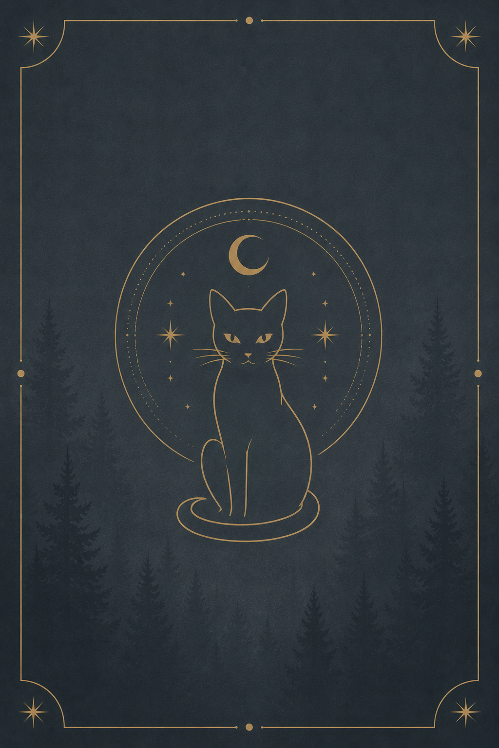 Minimalist illustration of a black cat sitting in front of a crescent moon and stars, framed by a decorative border with a dark forest background.