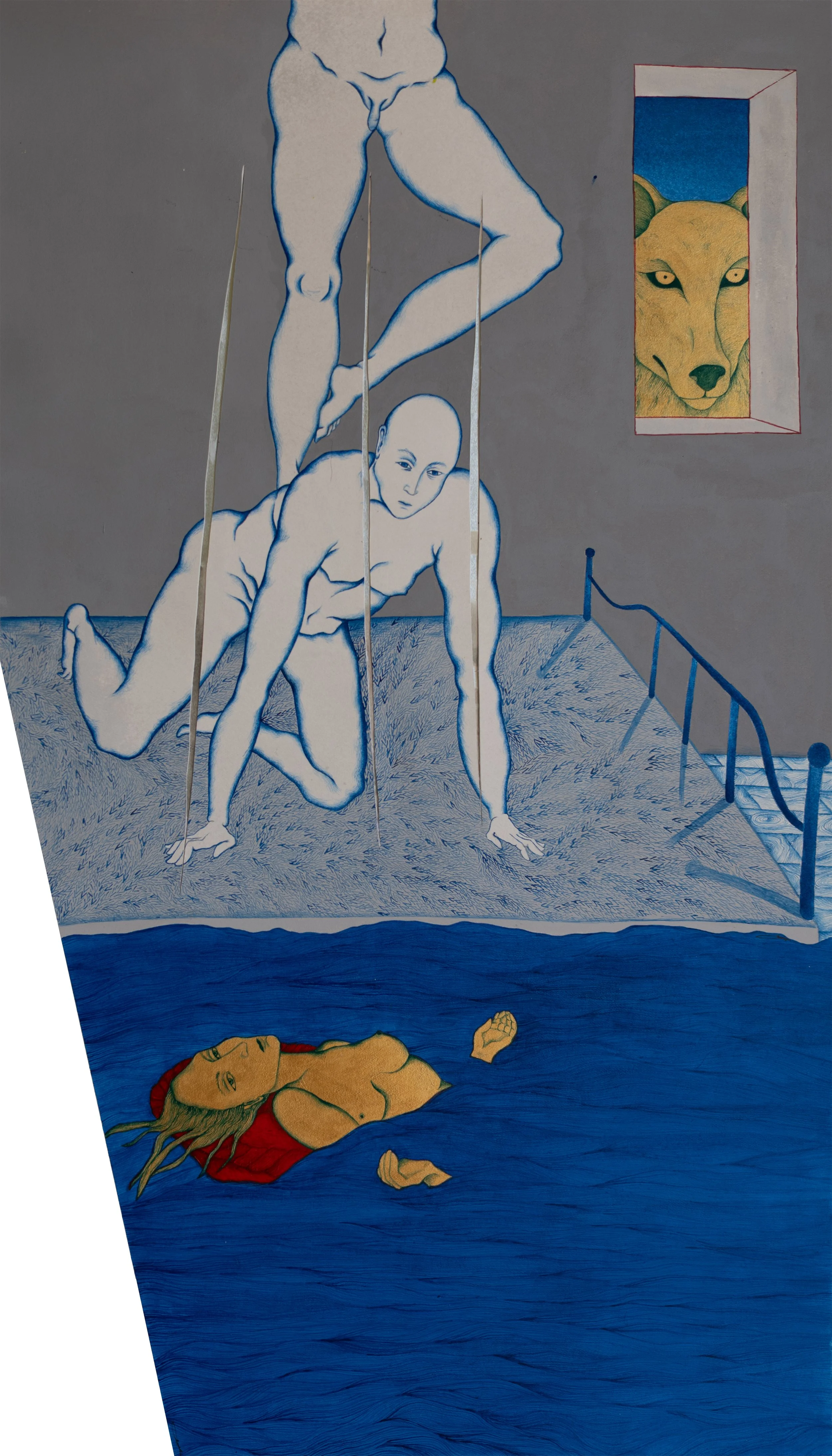 Weg , Spatial concept waiting-wound, 2020,
Acrylic and watercolor on paper with metal paper insert,
35×58 cm