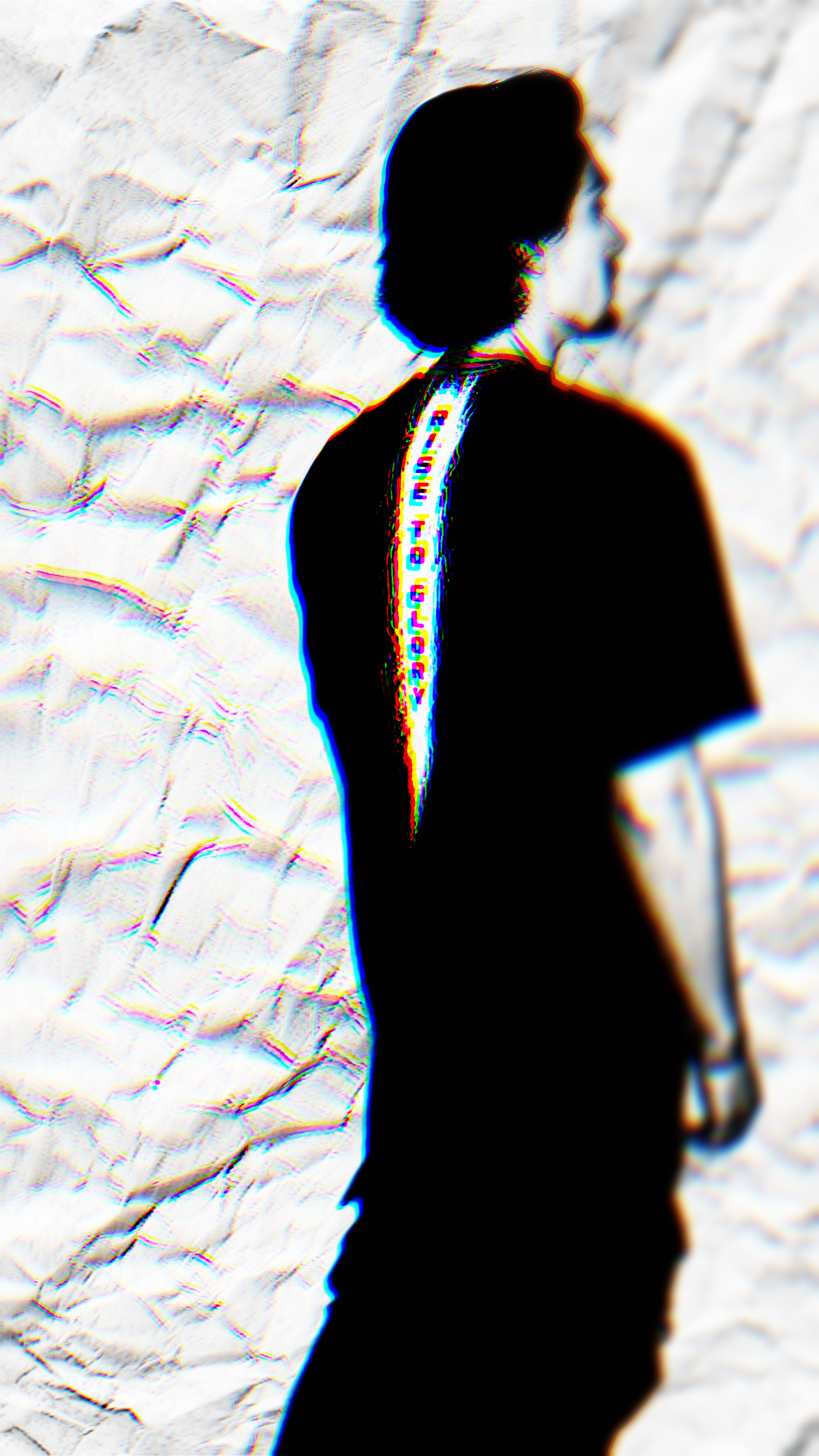 Silhouette of a woman with dark hair against a textured white wall, with a neon effect and a vertical text on her shoulder that reads 'RISE TO GLORY'.
