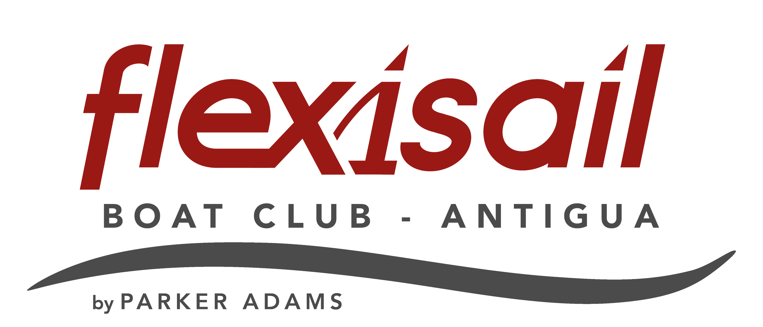 Logo for FlexSal, a boat club in Antigua by Parker Adams, featuring stylized red text and Gray wave graphic.