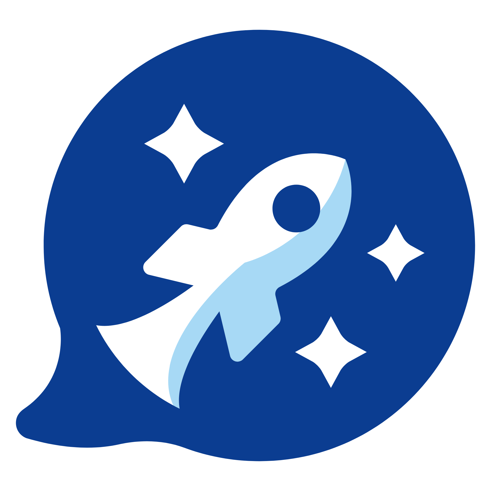 Graphic of a stylized whale with a blue body and white accents, including sparkling star details, set against a dark background.