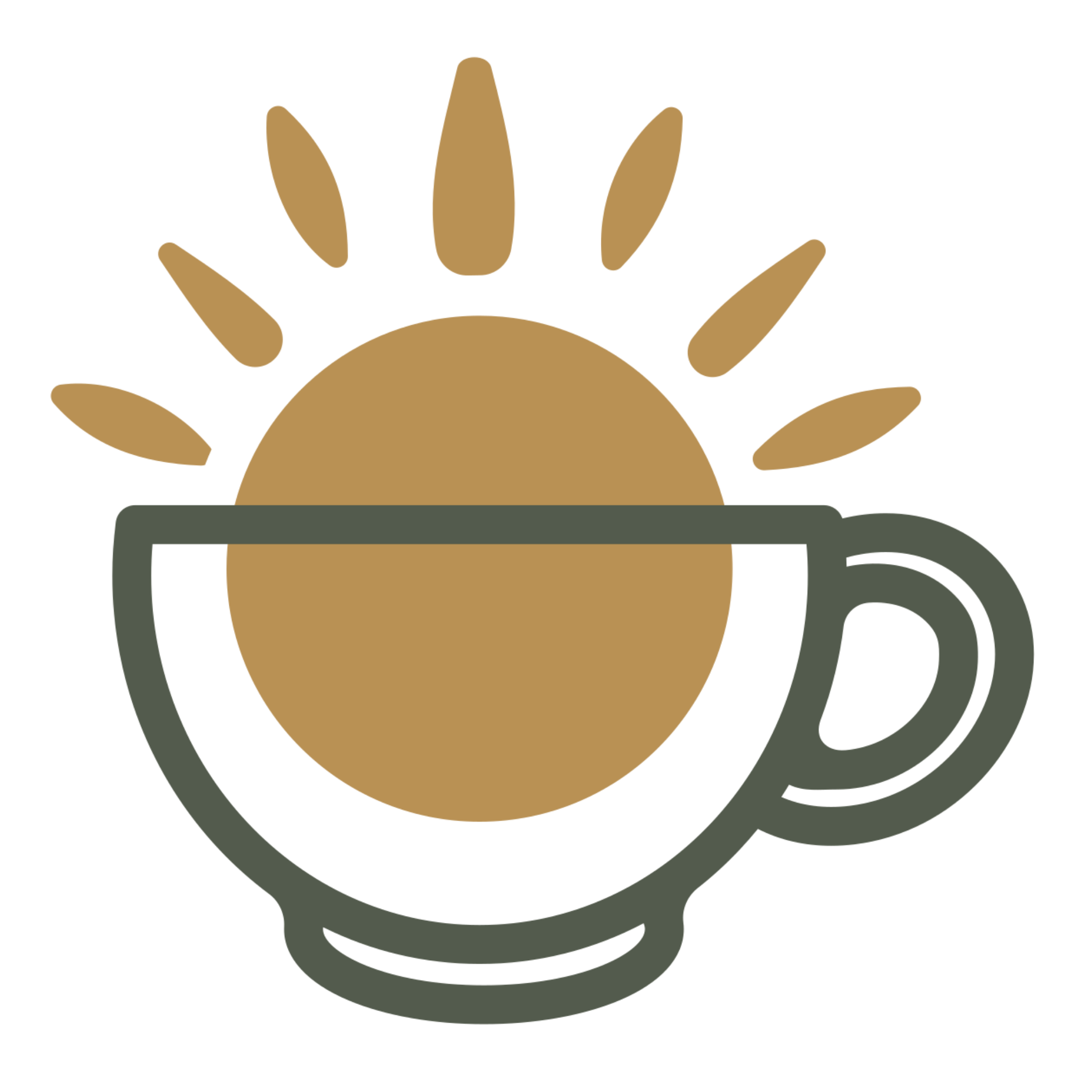 A stylized icon of a sunrise with sun rays over a horizon, rendered in beige and dark green colors.