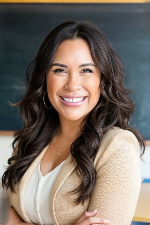 Smiling woman with long wavy dark hair wearing a beige blazer and hoop earrings, in a modern office setting.
