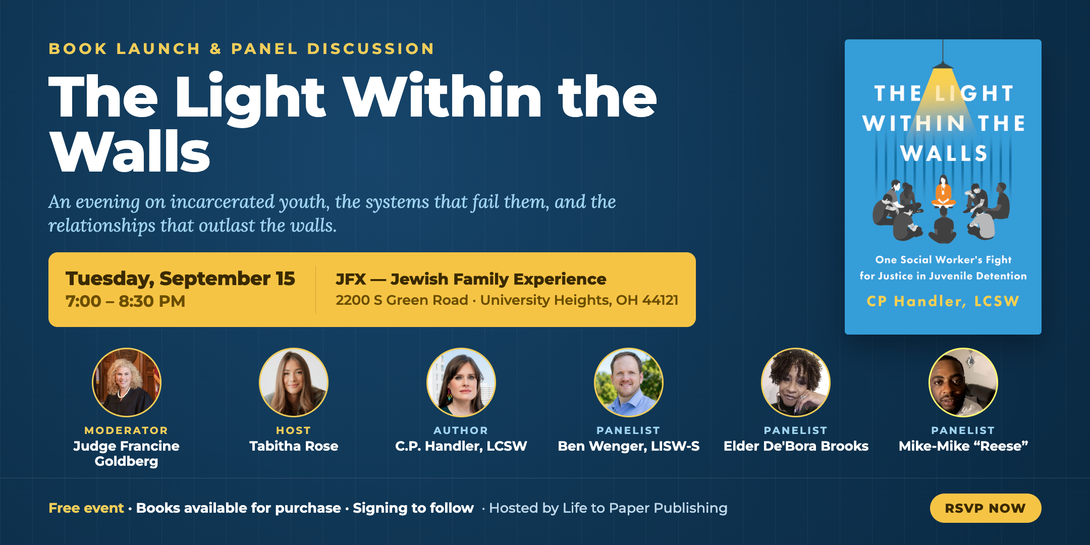 The Light Within the Walls Book Launch and Panel Discussion, Tuesday September 15 2026, 7 to 8:30 PM at JFX University Heights Ohio. Free event, RSVP now.