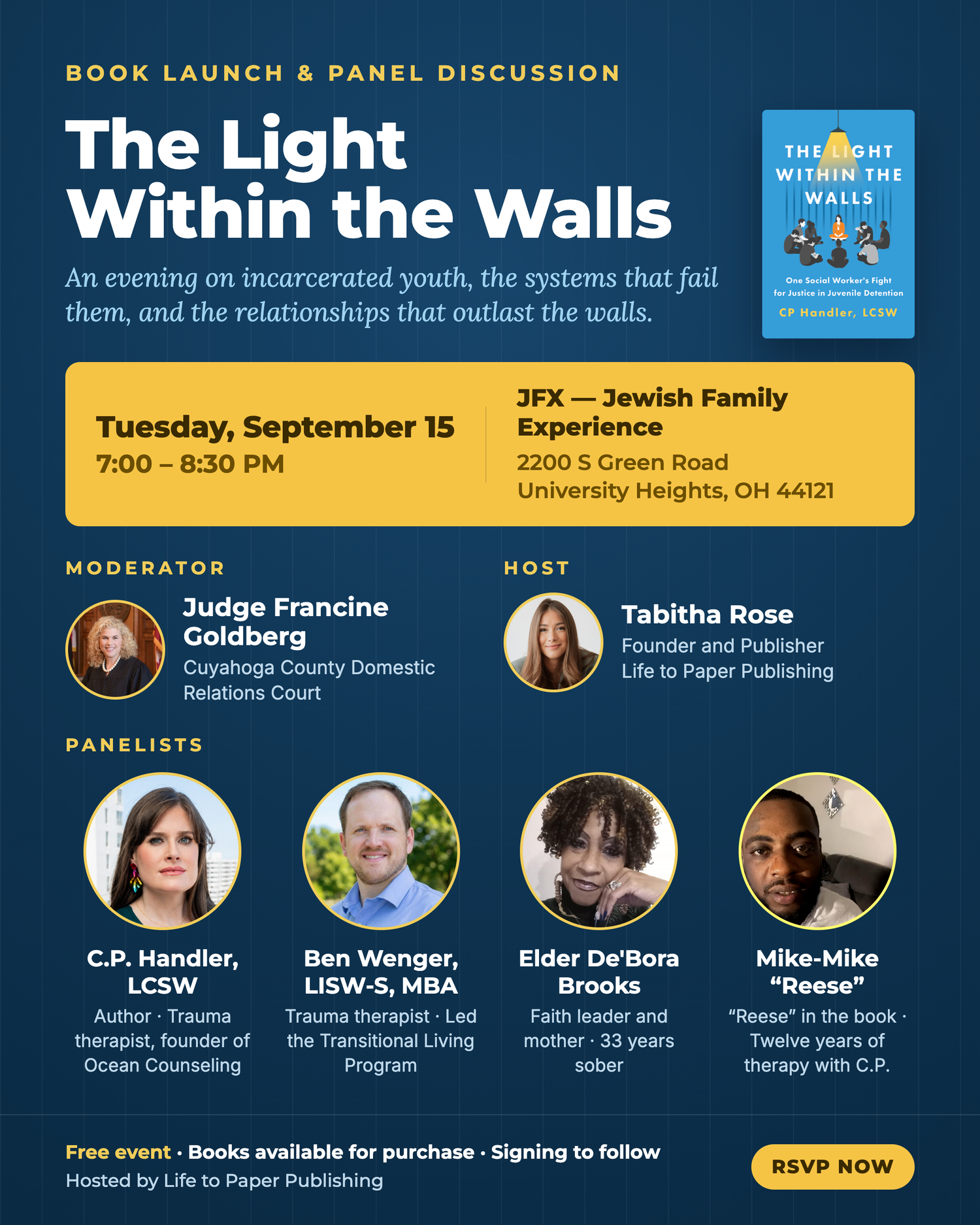 The Light Within the Walls Book Launch and Panel Discussion, Tuesday September 15 2026, 7 to 8:30 PM at JFX University Heights Ohio. Free event, RSVP now.