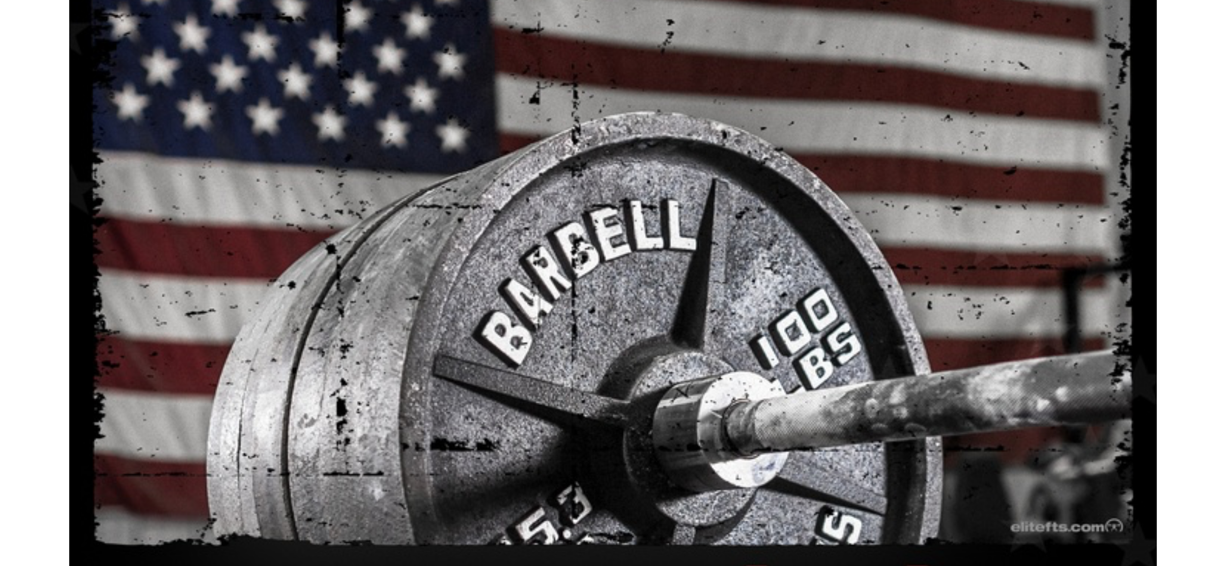 A metal weight plate labeled 'Barbell 105 lbs' in front of an American flag.