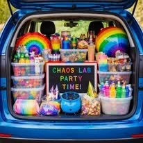 Open trunk with rainbow-themed party supplies, including rainbow balloons, colorful candy jars, and a chalkboard sign that reads 'CHAOS LAB PARTY TIME!'