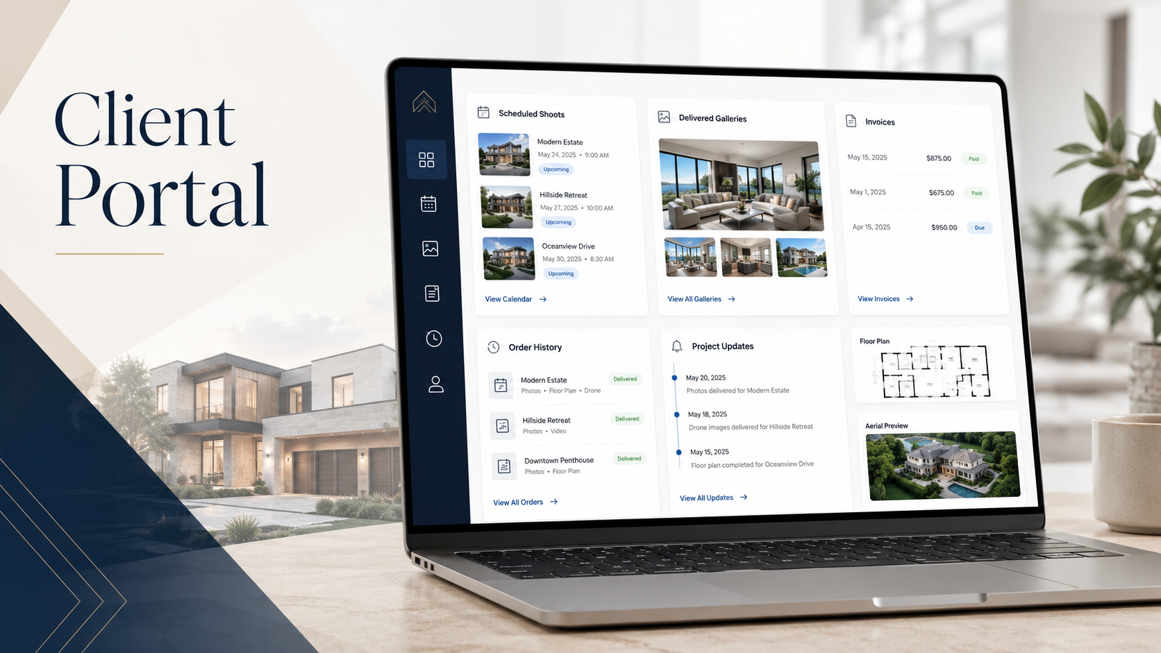 A laptop displaying a client portal with project schedules, galleries, invoices, order history, project updates, a floor plan, and an aerial view of a house. In the background, a modern house is visible.