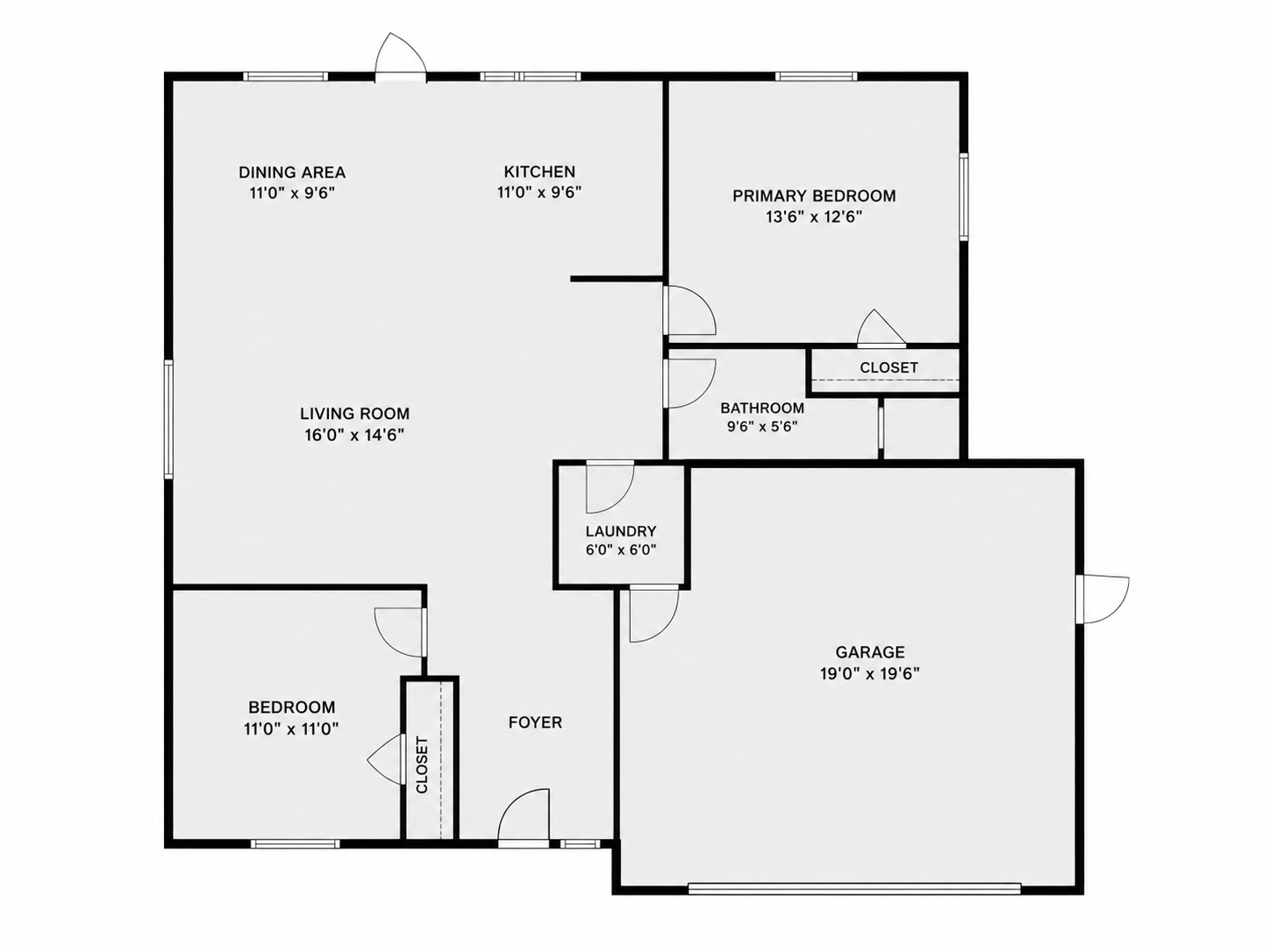 Floor plan of a house with labeled rooms including a living room, kitchen, primary bedroom, bedroom, bathroom, laundry, garage, and foyer.
