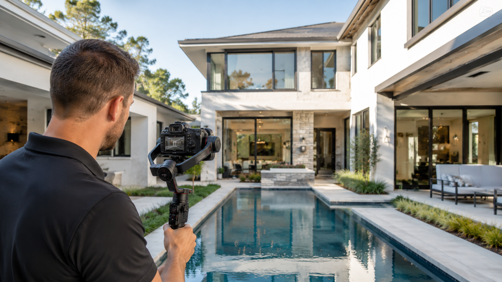 A man filming a luxurious modern house with a swimming pool in the backyard using a professional camera on a stabilizer.
