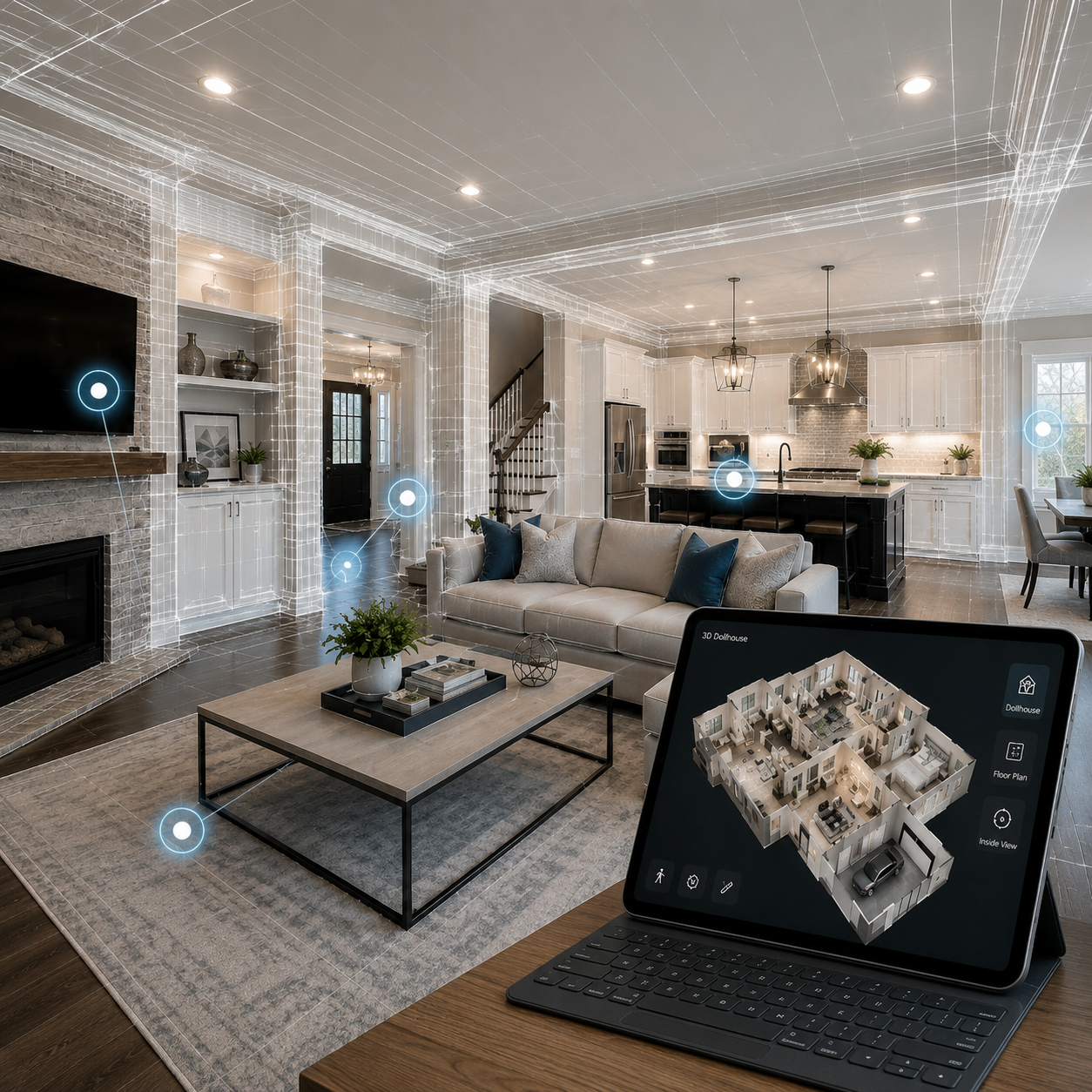 Living room with a virtual reality overlay showing interior design details, a tablet displaying a 3D floor plan of a house, and a cozy seating area with a coffee table and cushions.