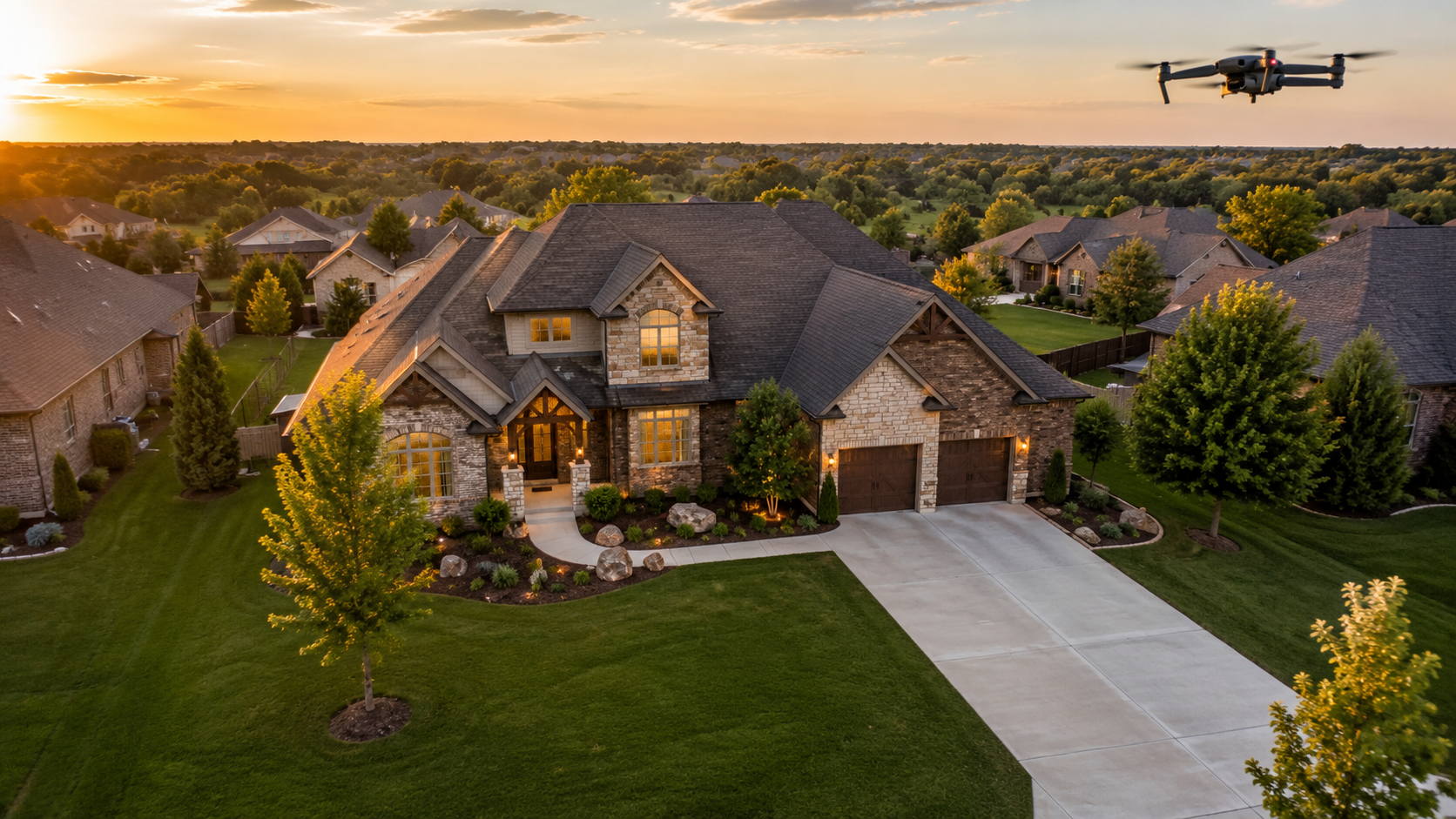 Aerial view of a large brick and stone house with a dark roof, front lawn, trees, and a driveway, during sunset with a drone flying overhead.