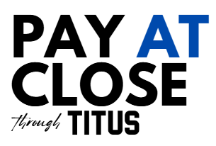 Pay at close through Titus logo with black and blue text on a white background.