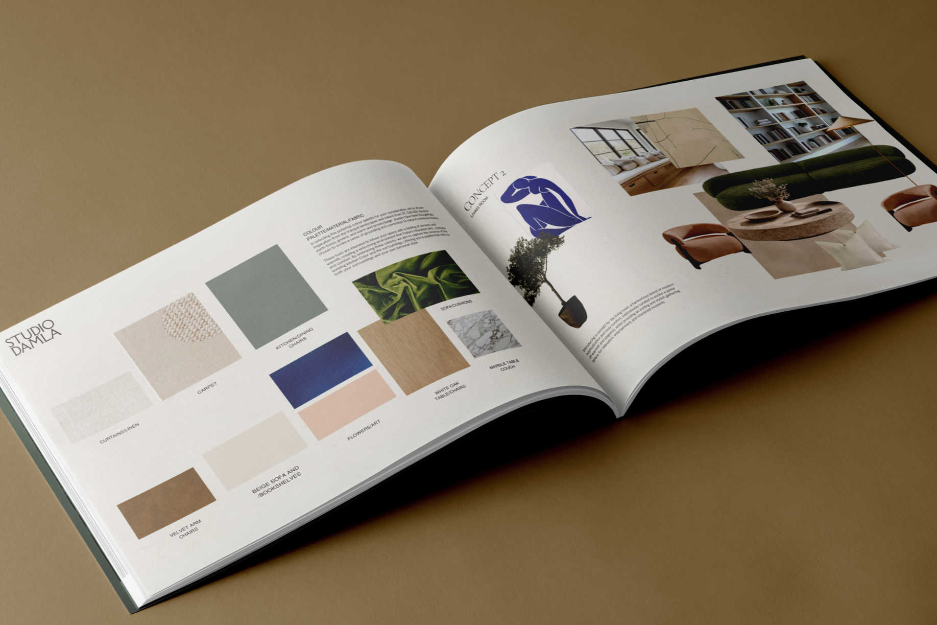 Open interior design catalog showing room color palettes, furniture, and decor images, with a focus on living room concepts and materials.