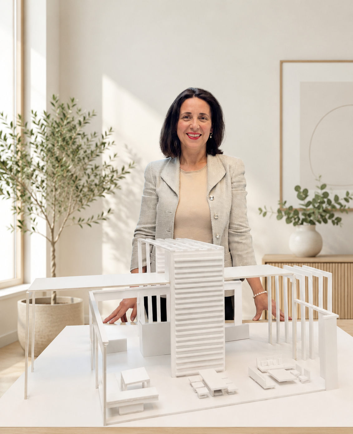 Woman standing behind a white architectural model of a modern building in a bright, minimalist room.