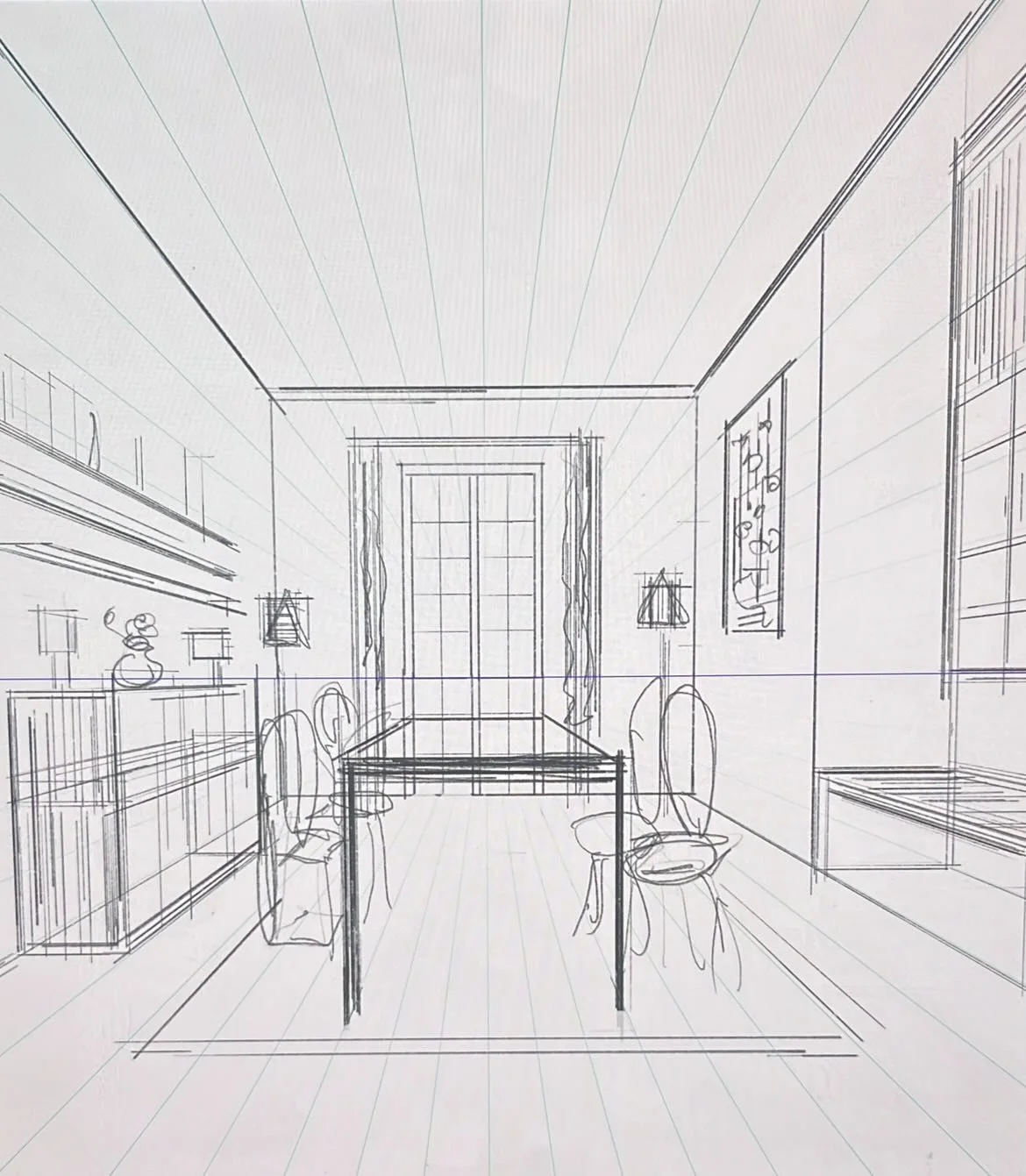A detailed sketch of a cozy living room with large window, curtains, paintings, and various furniture including a table and chairs.