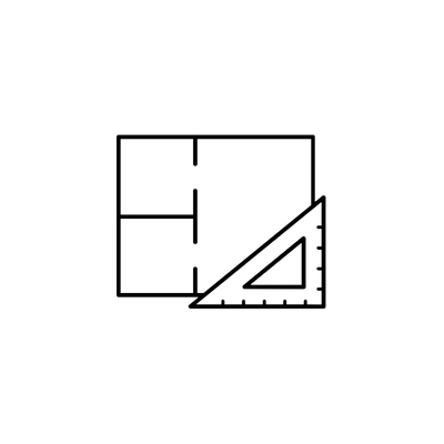 Blueprint or architectural drawing with a triangular ruler and a square ruler placed on it.
