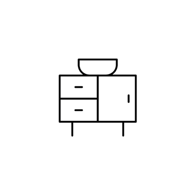 Outline drawing of a kitchen sideboard with a bowl on top and a cabinet door.