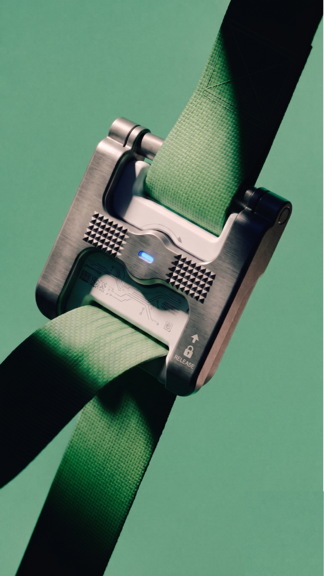 Close-up of a futuristic device with a green textured strap, metallic components, and digital interface against a green background.
