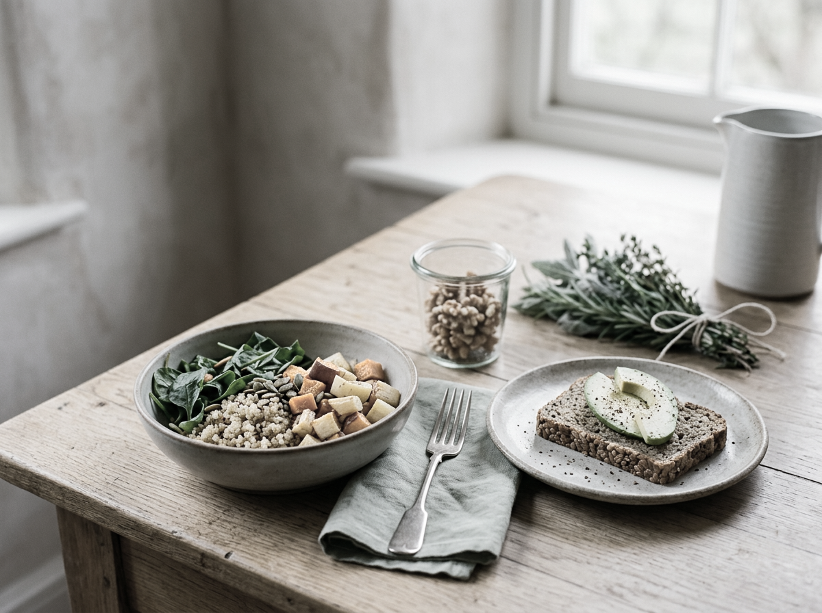 A minimalist wooden table set for a meal with a bowl of salad, a plate of crispbread with avocado slices, a small jar of nuts, a bundle of fresh herbs, and a white pitcher near a window.