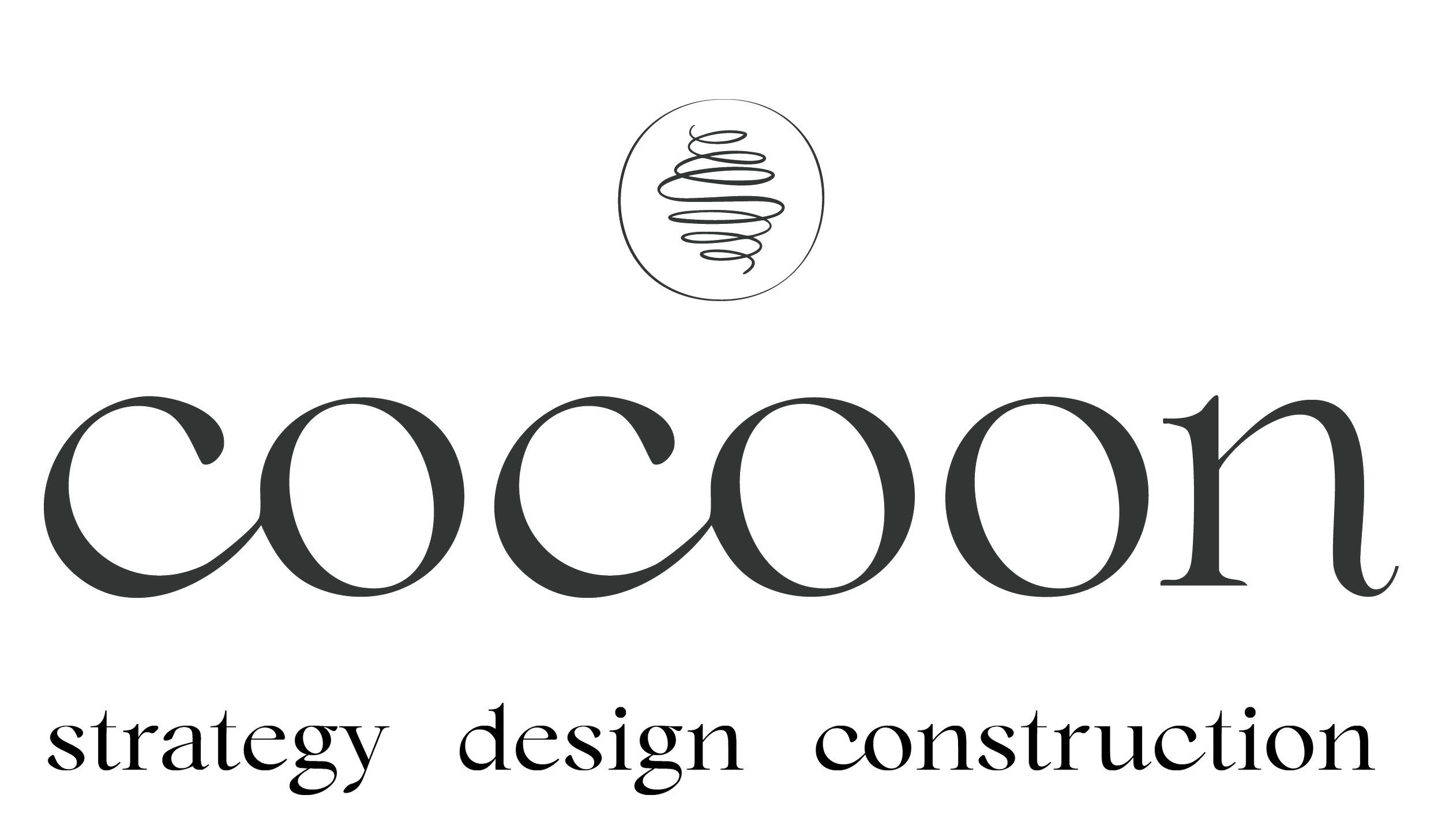 Logo for Cocon, a company specializing in strategy, design, and construction, featuring a spiral and oval icon above the name.