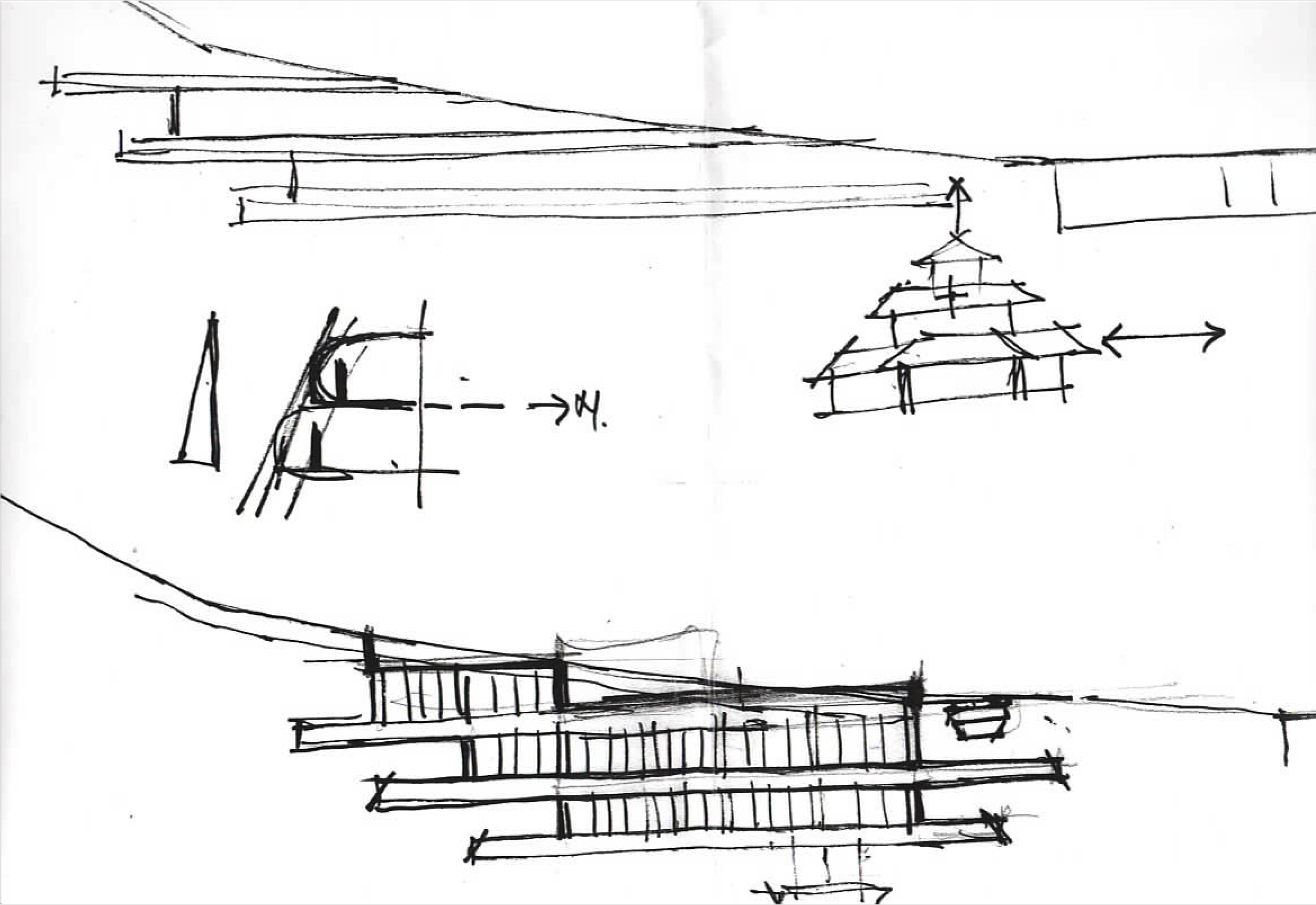 Black ink sketch of a multi-level building with traditional Japanese architectural elements, including layered roofs, a pagoda-style tower, and a fence at the ground level.
