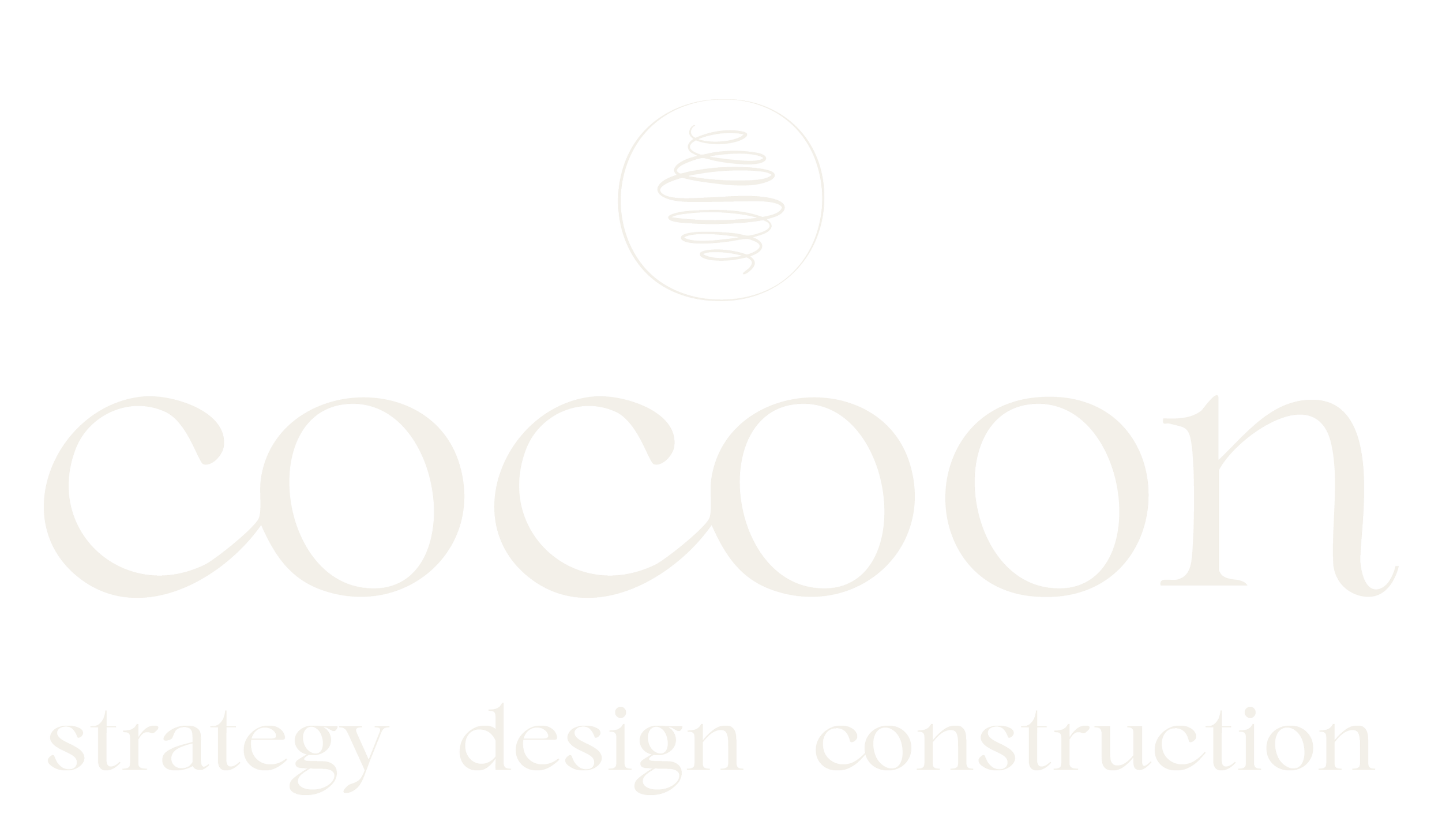 The image features the logo for Cocoon, a company specializing in strategy, design, and construction. The logo includes a stylized spider on a cocoon at the top, with the text 'cocoon' in large, elegant lowercase letters below it, and the words 'strategy design construction' underneath in smaller text.