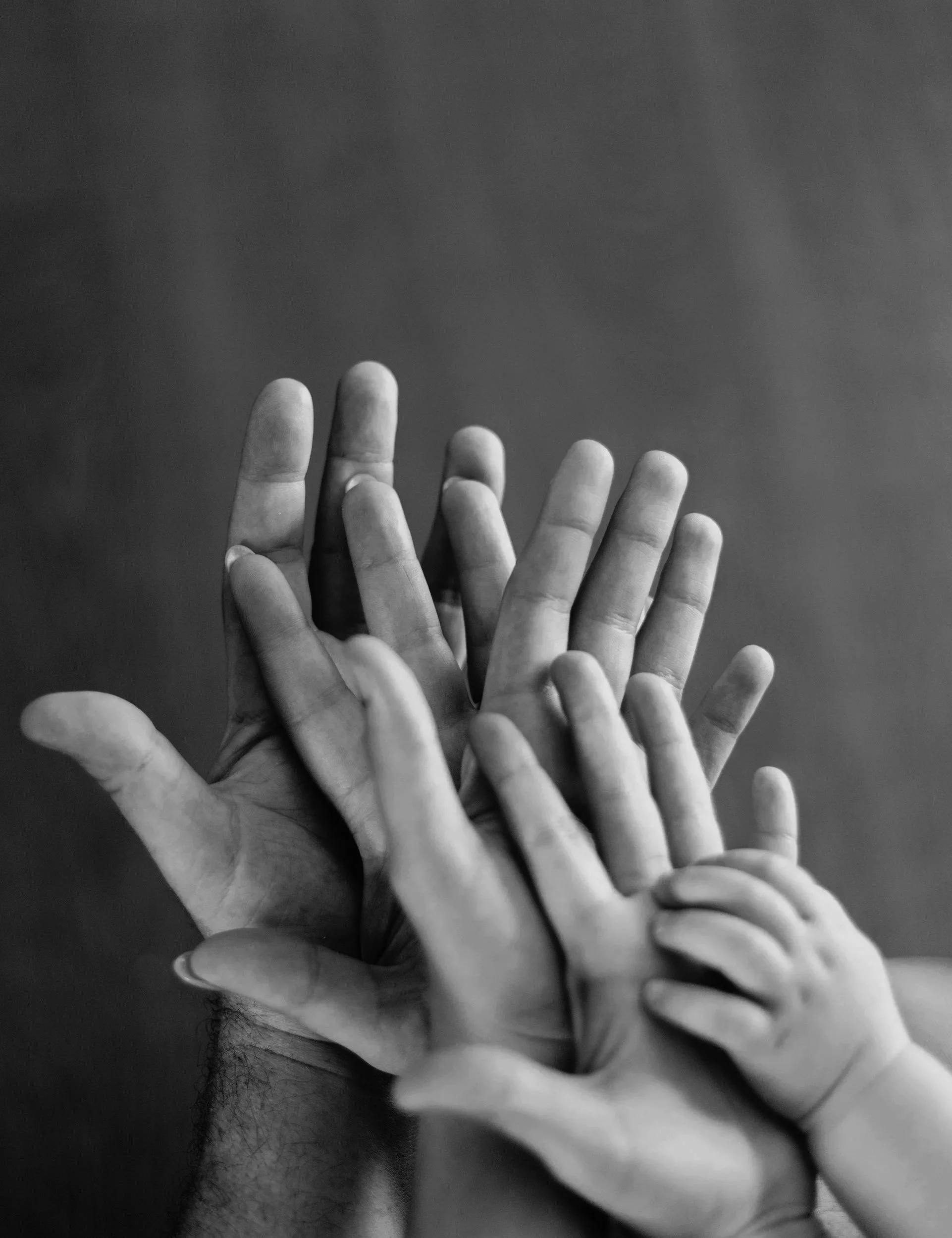 Black and white photo of multiple hands reaching towards the camera, with the background out of focus.