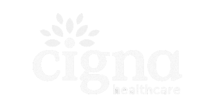 Cigna healthcare logo with a stylized flower above the company name in white on a black background.