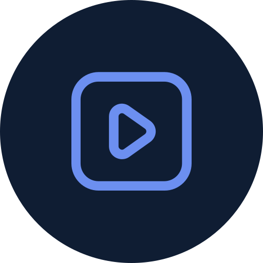 A blue play button icon inside a rounded square, centered on a dark circular background.