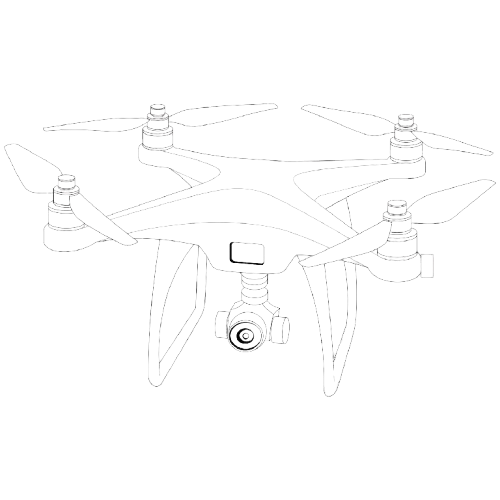 Outline drawing of a quadcopter drone with a camera mounted underneath.