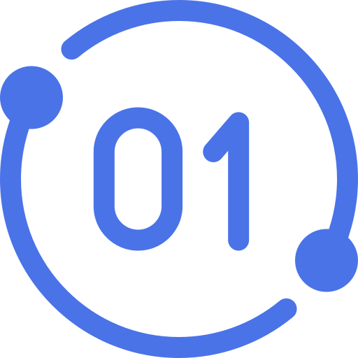 Blue circular design with the number '01' inside and two smaller circles connected by a curved line.