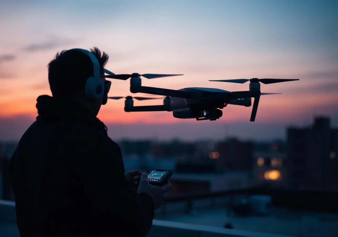 Silhouette of a person with headphones controlling a drone on a rooftop during sunset.