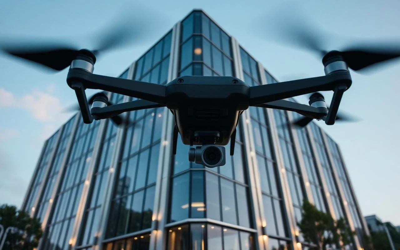 A drone flying in front of a modern glass office building.