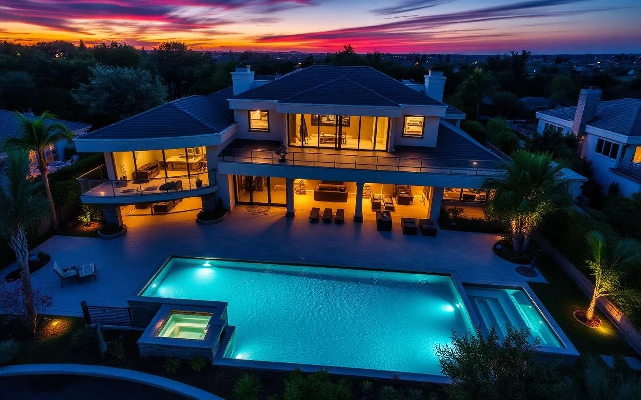 A modern house with large windows, outdoor lighting, and a backyard pool at sunset, overlooking a distant horizon.
