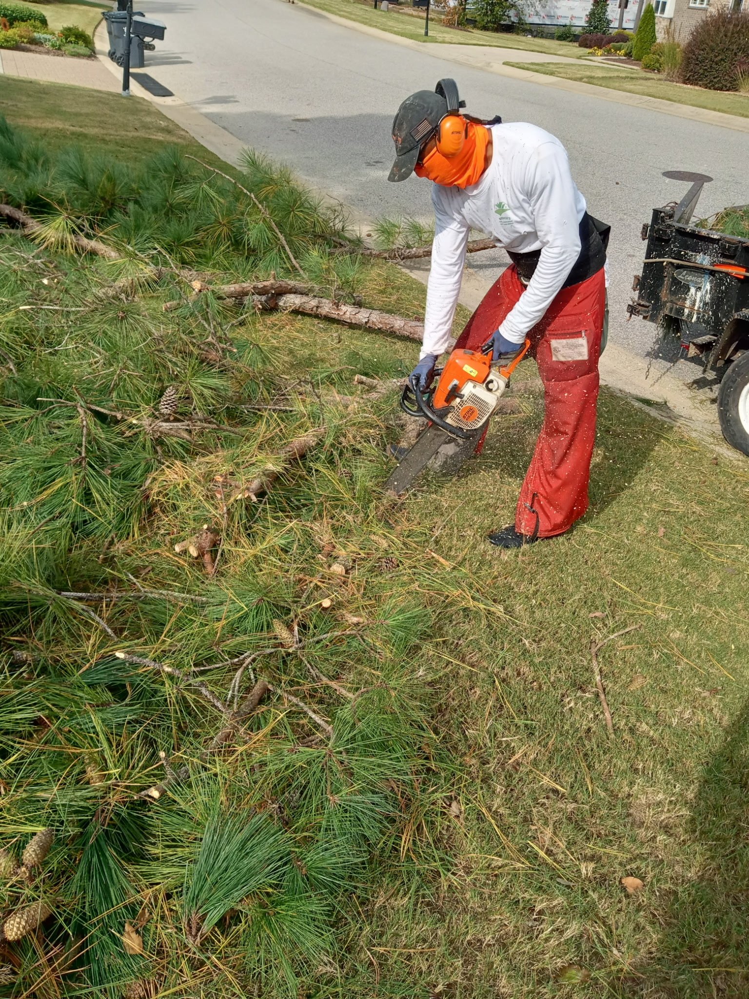 A person using a chainsaw to cut fallen tree branches in a residential yard, wearing safety gear including ear protection, gloves, and a helmet with a face shield.